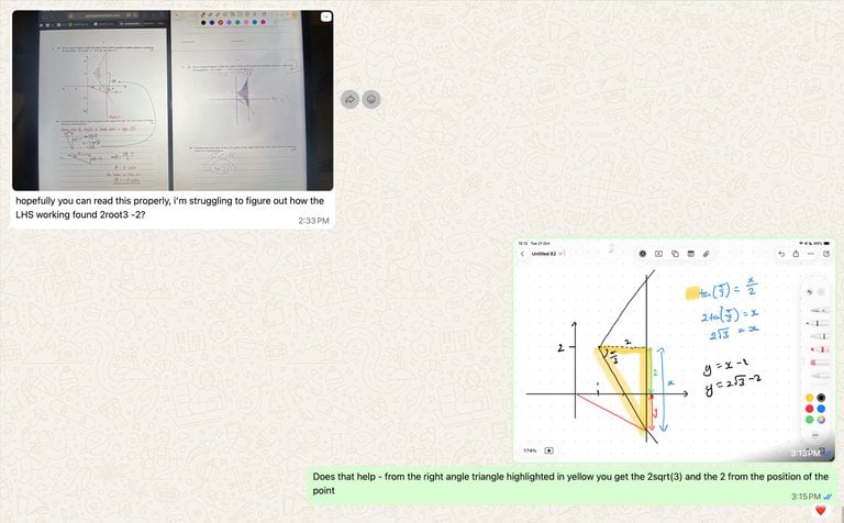 WhatsApp conversation showing tutor support between sessions
