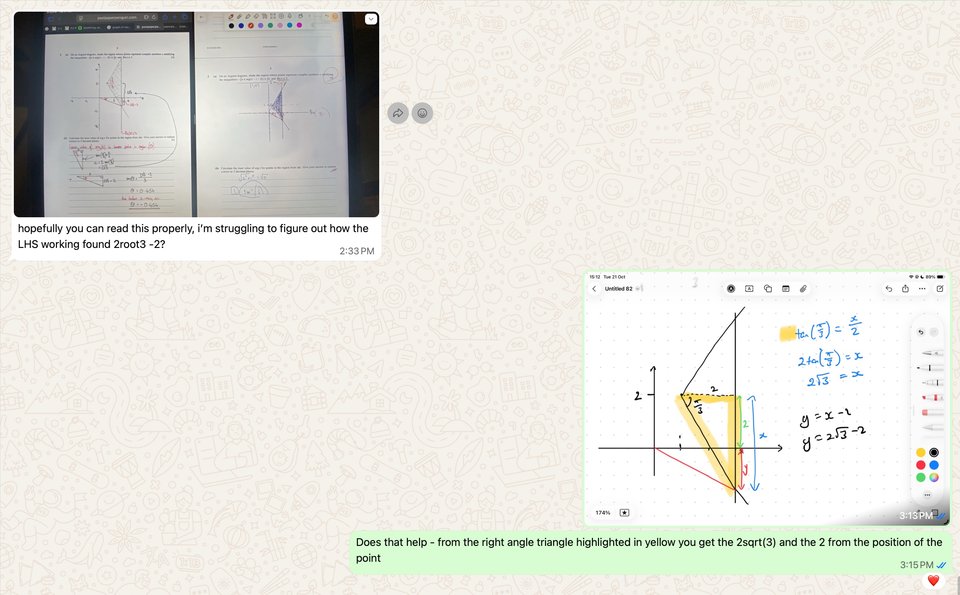 WhatsApp conversation showing tutor support between sessions